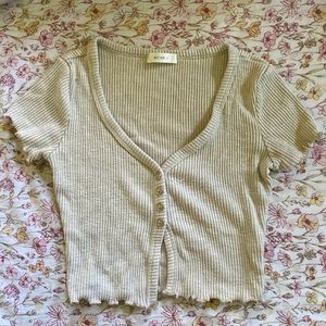 Tan Better Be Ruffled Crop Top.